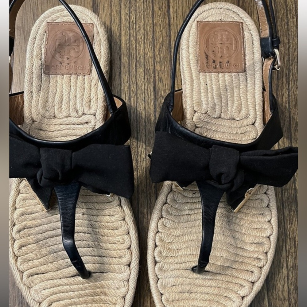 Tory Burch Sandals Espadrilles Thong Penny Flat Bow Black.  Sz 10.  Worn twice.